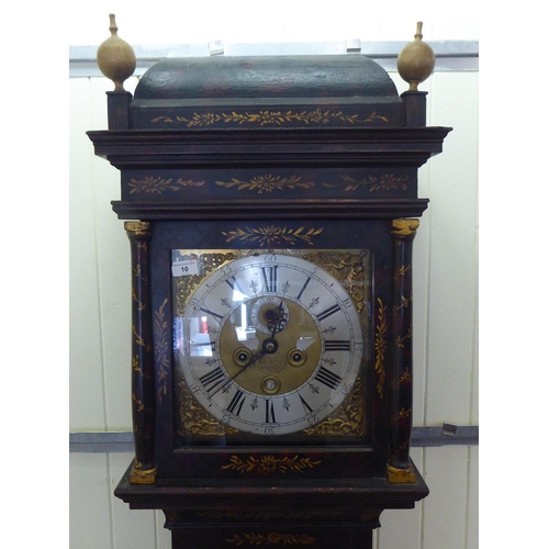 10 - An 18thC longcase clock, painted in chinoiserie with buildings and flora, the domed top hood over a ... 