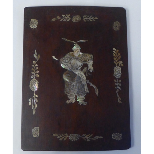 101 - A pair of Chinese hardwood panels, inlaid in engraved mother-of-pearl, depicting warriors bearing ar... 