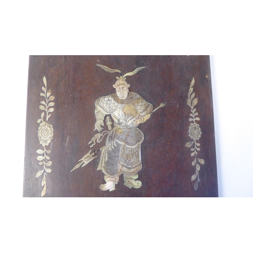 101 - A pair of Chinese hardwood panels, inlaid in engraved mother-of-pearl, depicting warriors bearing ar... 