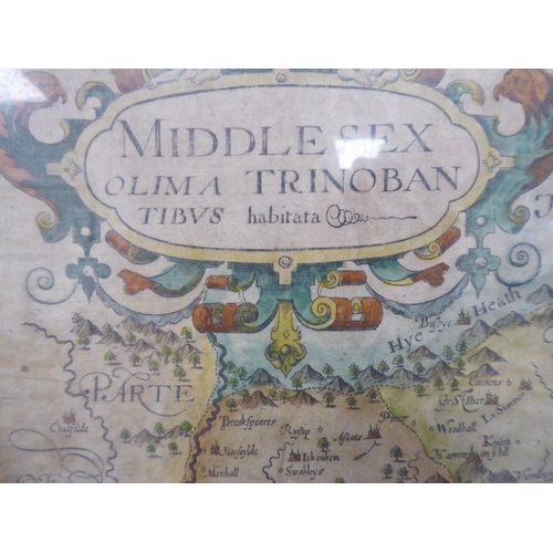 116 - An early 17thC Johannes Morden coloured county map 'Middlesex' with a title cartouche, index and com... 