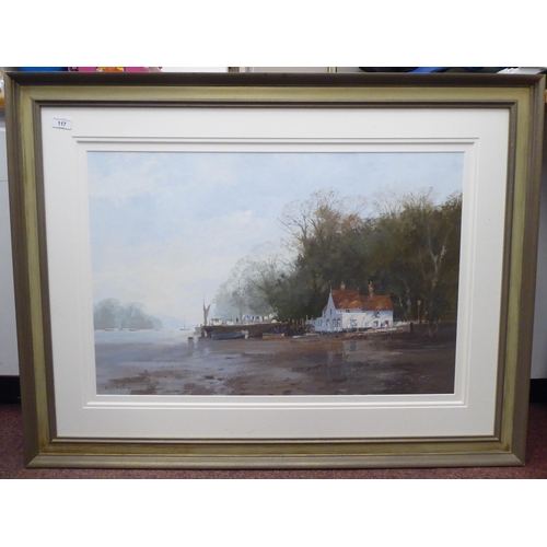 117 - Roy Perry - an estuary scene at low tide with moored craft beside a white painted dwelling amid tree... 