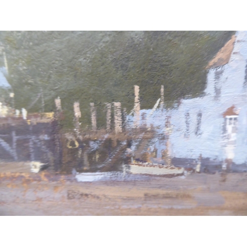 117 - Roy Perry - an estuary scene at low tide with moored craft beside a white painted dwelling amid tree... 