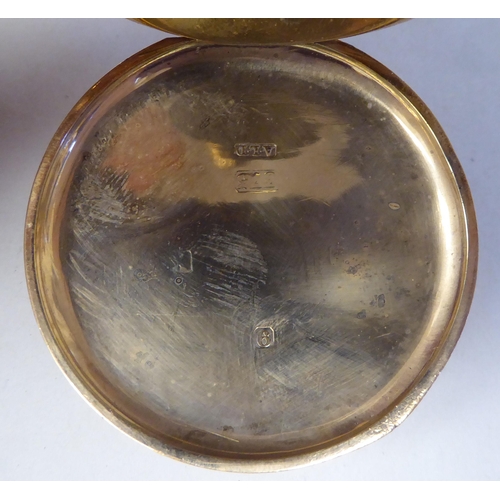 13 - A 9ct gold cased half-hunter pocket watch, the movement faced by a white enamel Roman dial, incorpor... 