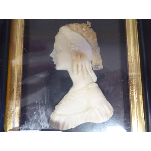 140 - A pair of 19thC carved wax head and shoulders profile portraits, a bewhiskered man and a young woman... 