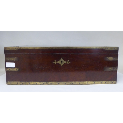 17 - A Victorian mahogany military style writing box with lacquered brass mounts and reinforcement, strai... 