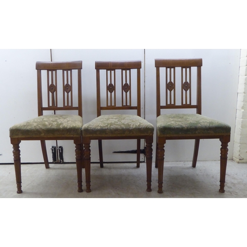 179 - A set of five Edwardian satinwood inlaid mahogany framed dining chairs, each with a splat-back and a... 