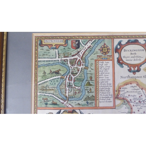 19 - A 17thC John Speed coloured county map 'Buckingham Both Shyre and Shire' incorporating birdseye view... 