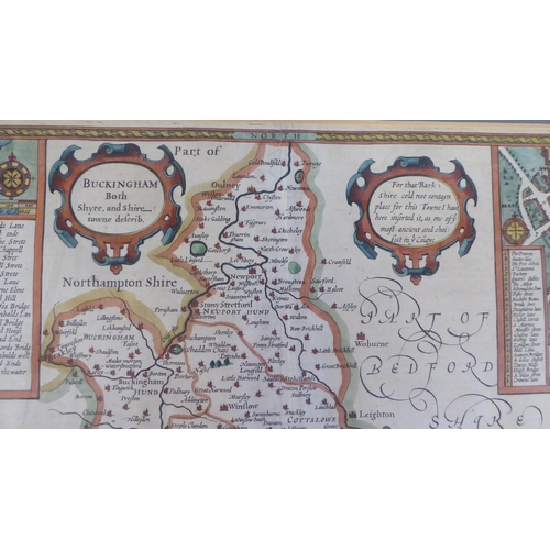 19 - A 17thC John Speed coloured county map 'Buckingham Both Shyre and Shire' incorporating birdseye view... 