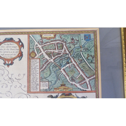 19 - A 17thC John Speed coloured county map 'Buckingham Both Shyre and Shire' incorporating birdseye view... 