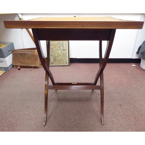 2 - An Edwardian satinwood string inlaid mahogany campaign design, folding card table, enclosing a brown... 