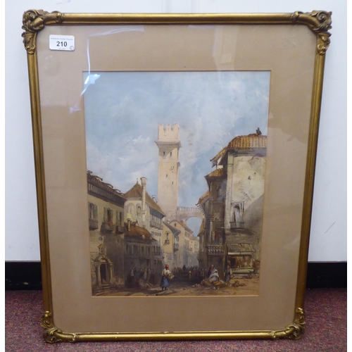 210 - Early 20thC School - a Continental street scene  watercolour  bears an indistinct signatur... 