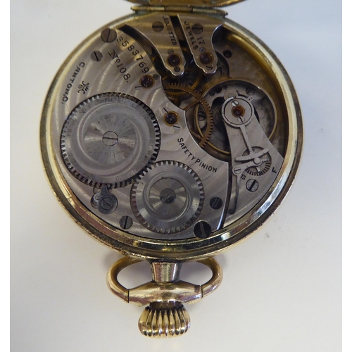 212 - An early 20thC Hampden pocket watch, in an 14ct gold fitted case, the 17 jewel movement faced by a w... 