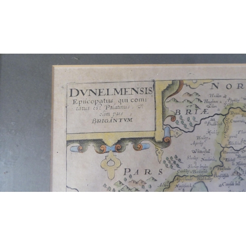 27 - A 17thC Christopher Saxton coloured county map 'Dvnelmensis....Brigantvm' incorporating a ship in th... 