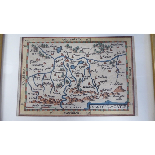 4 - Fourteen framed 17thC and later coloured miniature maps: to include 'Poland' 'Gasconia' 'Italy' and ... 