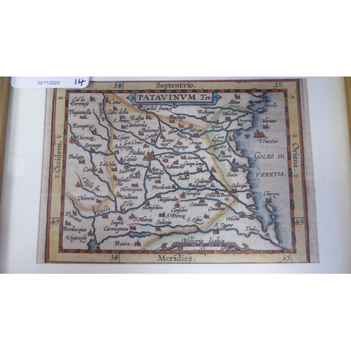 4 - Fourteen framed 17thC and later coloured miniature maps: to include 'Poland' 'Gasconia' 'Italy' and ... 