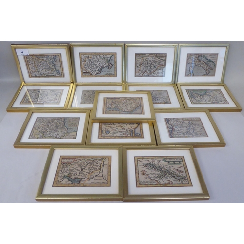 4 - Fourteen framed 17thC and later coloured miniature maps: to include 'Poland' 'Gasconia' 'Italy' and ... 