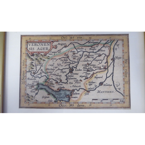 4 - Fourteen framed 17thC and later coloured miniature maps: to include 'Poland' 'Gasconia' 'Italy' and ... 