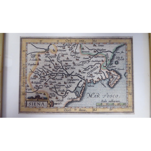 4 - Fourteen framed 17thC and later coloured miniature maps: to include 'Poland' 'Gasconia' 'Italy' and ... 