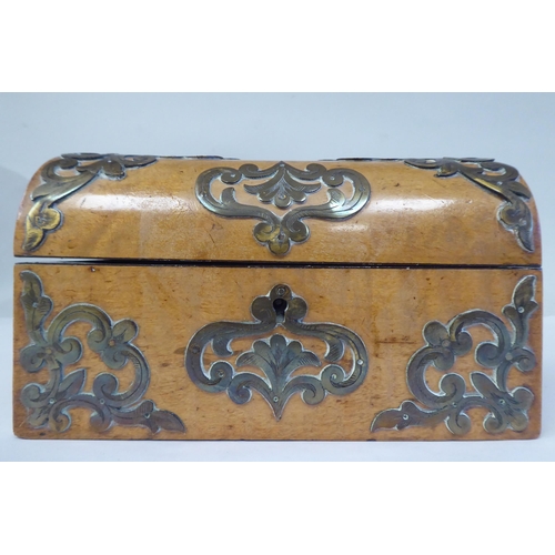 41 - A late 19thC satinwood desktop ink casket with straight sides and a domed, hinged lid, embellished w... 