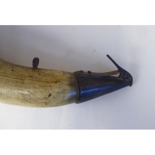 59 - A powder horn with an applied metal dispensing mechanism, inscribed MD No.9  12