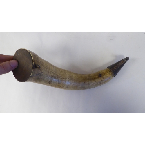 59 - A powder horn with an applied metal dispensing mechanism, inscribed MD No.9  12