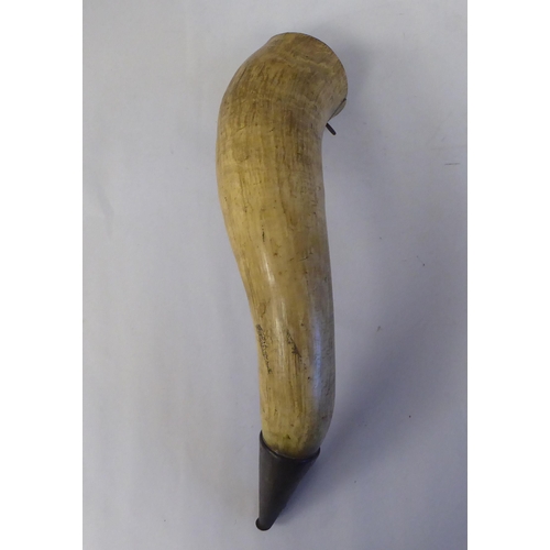 59 - A powder horn with an applied metal dispensing mechanism, inscribed MD No.9  12