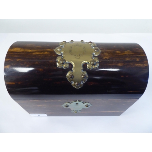 6 - A late 19thC coromandel veneered jewellery casket with straight sides, a lockable, hinged, domed lid... 