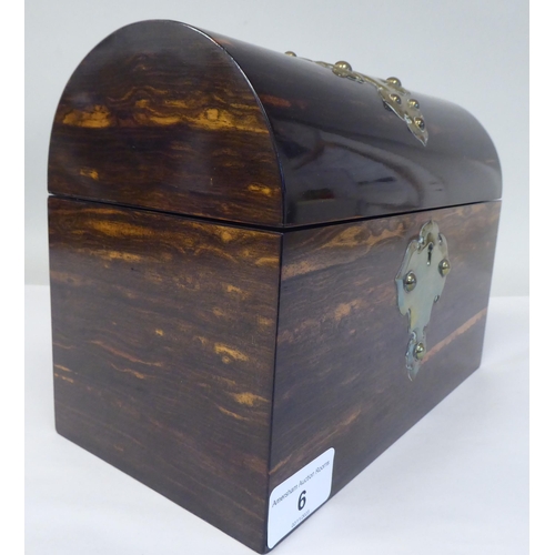 6 - A late 19thC coromandel veneered jewellery casket with straight sides, a lockable, hinged, domed lid... 