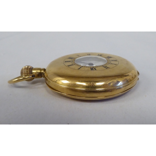 8 - An 18ct gold cased half-hunter pocket watch, the movement faced by a white enamel Roman dial, incorp... 