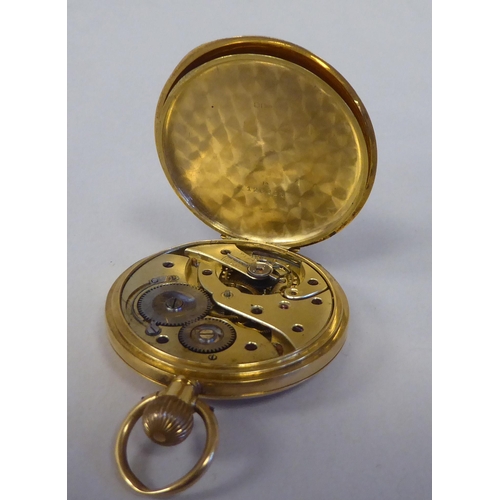 8 - An 18ct gold cased half-hunter pocket watch, the movement faced by a white enamel Roman dial, incorp... 