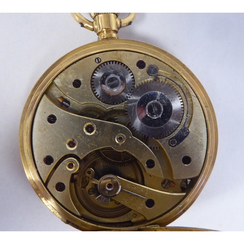 8 - An 18ct gold cased half-hunter pocket watch, the movement faced by a white enamel Roman dial, incorp... 