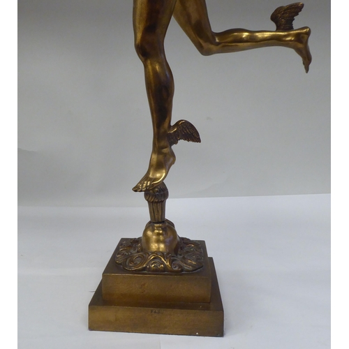 88 - A 19thC cast gilt bronze table lamp 'Flying Mercury' on a stepped square base  26