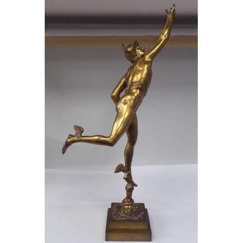 88 - A 19thC cast gilt bronze table lamp 'Flying Mercury' on a stepped square base  26