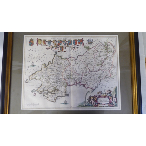 9 - An 18thC coloured map 'Penborchia Comitatus et Comitatus Caermaridvnvm' incorporating a pictorial ca... 