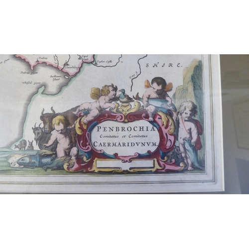 9 - An 18thC coloured map 'Penborchia Comitatus et Comitatus Caermaridvnvm' incorporating a pictorial ca... 