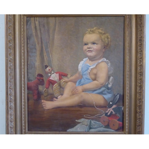 97 - Marjorie Rodgers - a study of a young child playing with toys  oil on canvas  bears a signature  24