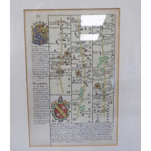 98 - A 17th/18thC coloured road map, an extract from London to Portsmouth with text and continued verso&n... 