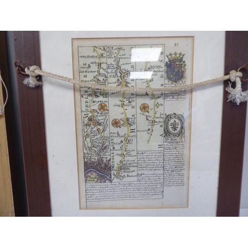 98 - A 17th/18thC coloured road map, an extract from London to Portsmouth with text and continued verso&n... 