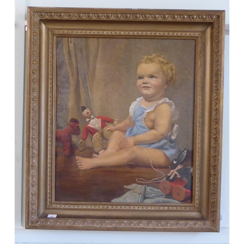 137 - Marjorie Rodgers - a study of a young child playing with toys  oil on canvas  bears a signature  24