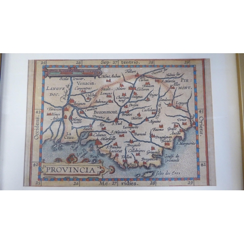 290 - Fourteen framed 17thC and later coloured miniature maps: to include 'Poland' 'Gasconia' 'Italy' and ... 