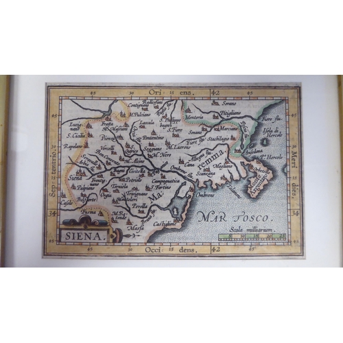 290 - Fourteen framed 17thC and later coloured miniature maps: to include 'Poland' 'Gasconia' 'Italy' and ... 