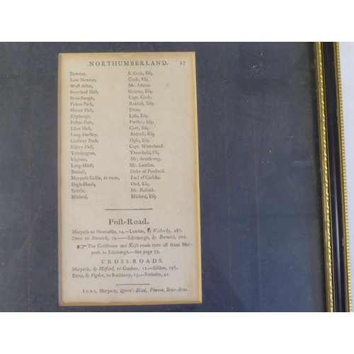 310 - A 19thC coloured road map 'Northumberland' and a schedule of locations on-route  13