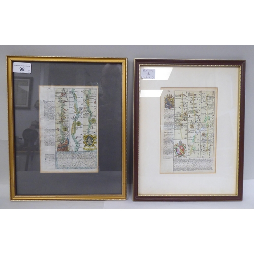 314 - A 17th/18thC coloured road map, an extract from London to Portsmouth with text and continued verso  ... 