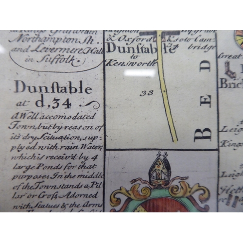 314 - A 17th/18thC coloured road map, an extract from London to Portsmouth with text and continued verso  ... 