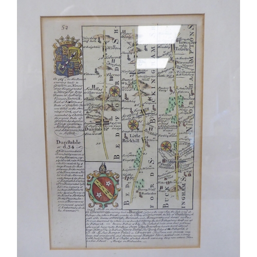 314 - A 17th/18thC coloured road map, an extract from London to Portsmouth with text and continued verso  ... 