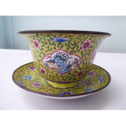 102 - Oriental collectables: to include a mid 20thC enamel lidded bowl, on a saucer