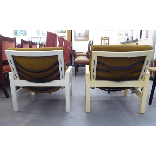 167 - Three 1960s Cornwell-Norton cream painted open arm chairs with original contemporary mustard coloure... 