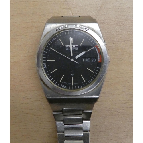 176 - A Seiko Alarm Quartz stainless steel bracelet watch, faced by a baton dial 