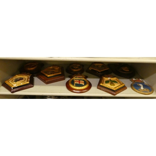 196 - Mounted composition plaques, mostly naval emblems: to include 'Tidereach' and 'Pearleaf'