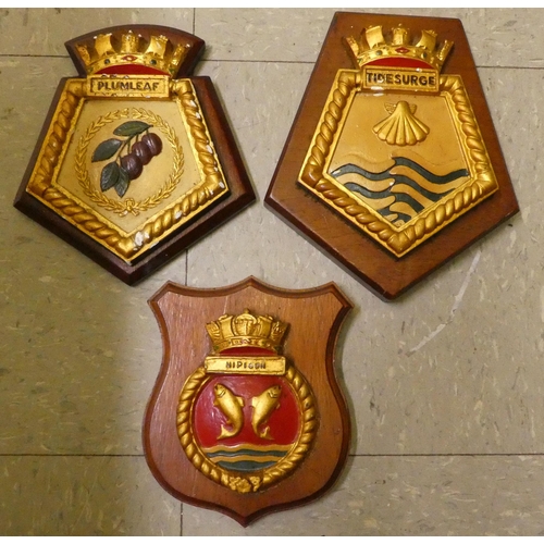 196 - Mounted composition plaques, mostly naval emblems: to include 'Tidereach' and 'Pearleaf'